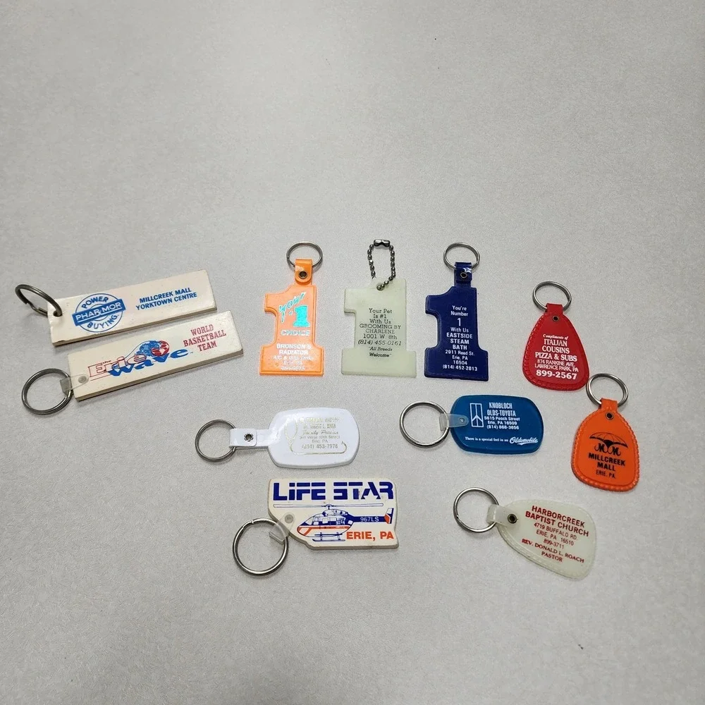 Vtg Keychain Lot Of 11 Erie, Pennsylvania Keychains Advertisement Car Grooming